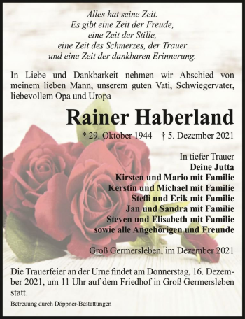 Traueranzeige von Rainer Haberland  von Magdeburger Volksstimme