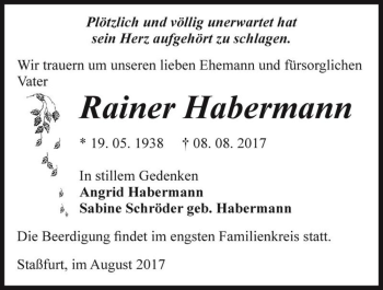 Traueranzeige von Rainer Habermann  von Magdeburger Volksstimme