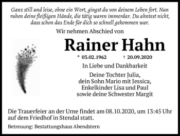 Traueranzeige von Rainer Hahn  von Magdeburger Volksstimme
