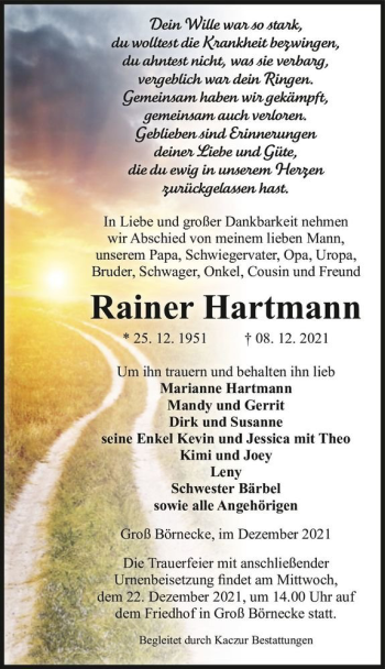 Traueranzeige von Rainer Hartmann  von Magdeburger Volksstimme