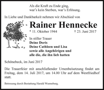 Traueranzeige von Rainer Hennecke  von Magdeburger Volksstimme