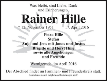 Traueranzeige von Rainer Hille  von Magdeburger Volksstimme