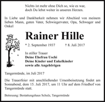 Traueranzeige von Rainer Hille  von Magdeburger Volksstimme