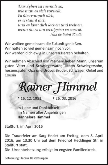 Traueranzeige von Rainer Himmel  von Magdeburger Volksstimme