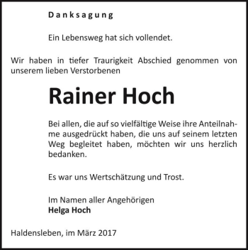 Traueranzeige von Rainer Hoch  von Magdeburger Volksstimme