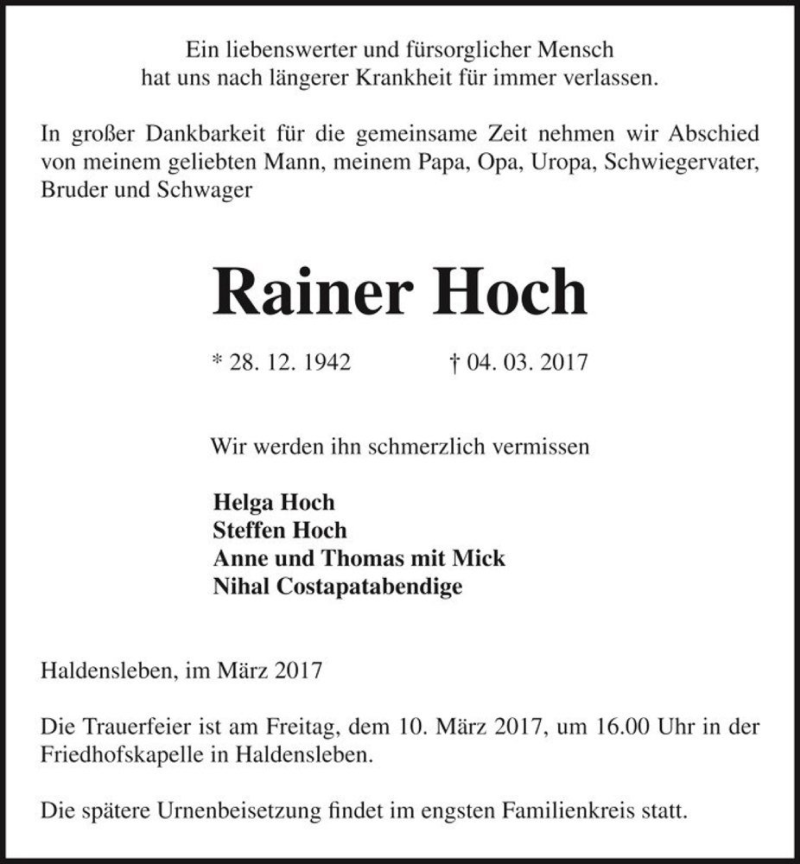  Traueranzeige für Rainer Hoch  vom 08.03.2017 aus Magdeburger Volksstimme