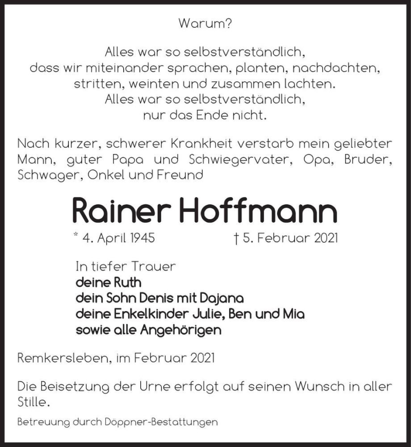 Traueranzeige für Rainer Hoffmann  vom 13.02.2021 aus Magdeburger Volksstimme