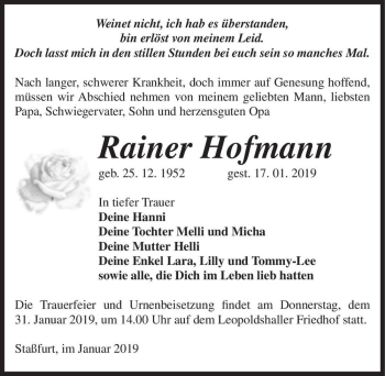 Traueranzeige von Rainer Hofmann  von Magdeburger Volksstimme