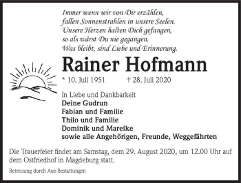 Traueranzeige von Rainer Hofmann  von Magdeburger Volksstimme