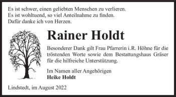 Traueranzeige von Rainer Holdt  von Magdeburger Volksstimme