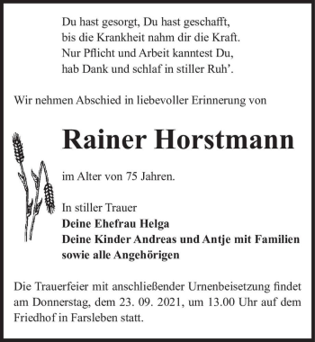 Traueranzeige von Rainer Horstmann  von Magdeburger Volksstimme