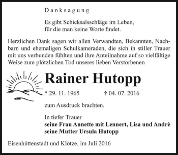 Traueranzeige von Rainer Hutopp  von Magdeburger Volksstimme