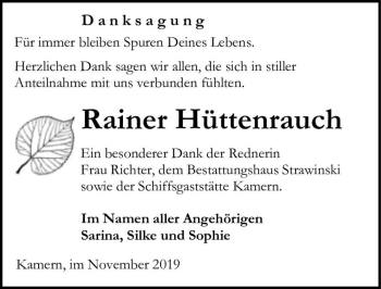 Traueranzeige von Rainer Hüttenrauch  von Magdeburger Volksstimme