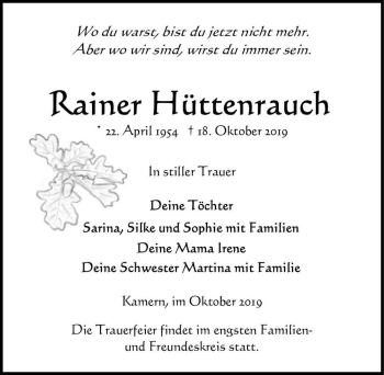 Traueranzeige von Rainer Hüttenrauch  von Magdeburger Volksstimme