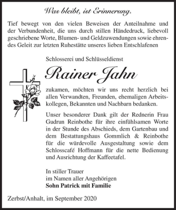 Traueranzeige von Rainer Jahn  von Magdeburger Volksstimme