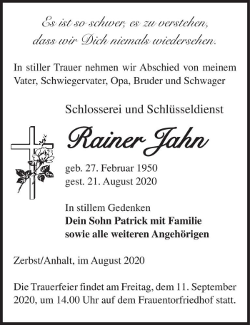 Traueranzeige von Rainer Jahn  von Magdeburger Volksstimme