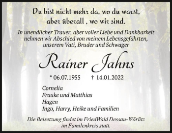 Traueranzeige von Rainer Jahns  von Magdeburger Volksstimme