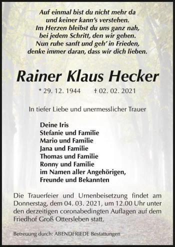 Traueranzeige von Rainer Klaus Hecker  von Magdeburger Volksstimme