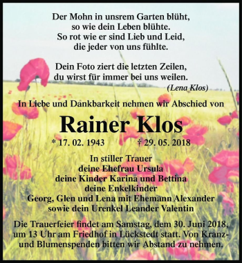 Traueranzeige von Rainer Klos  von Magdeburger Volksstimme