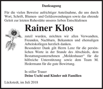 Traueranzeige von Rainer Klos  von Magdeburger Volksstimme