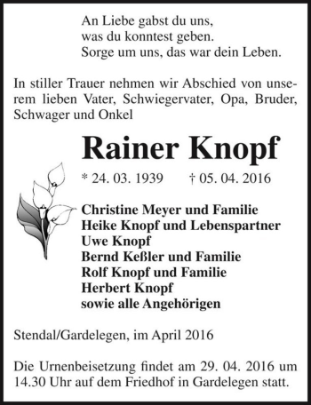 Traueranzeige von Rainer Knopf  von Magdeburger Volksstimme