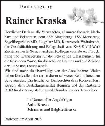 Traueranzeige von Rainer Kraska  von Magdeburger Volksstimme