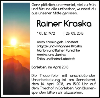 Traueranzeige von Rainer Kraska  von Magdeburger Volksstimme