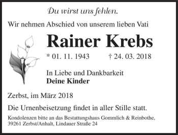 Traueranzeige von Rainer Krebs  von Magdeburger Volksstimme
