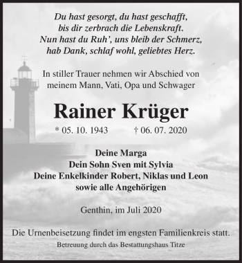 Traueranzeige von Rainer Krüger  von Magdeburger Volksstimme