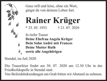 Traueranzeige von Rainer Krüger  von Magdeburger Volksstimme