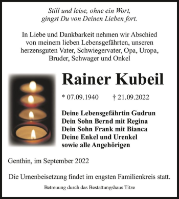 Traueranzeige von Rainer Kubeil  von Magdeburger Volksstimme
