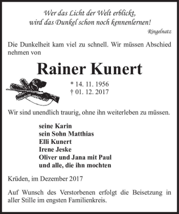 Traueranzeige von Rainer Kunert  von Magdeburger Volksstimme