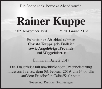 Traueranzeige von Rainer Kuppe  von Magdeburger Volksstimme