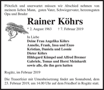 Traueranzeige von Rainer Köhrs  von Magdeburger Volksstimme
