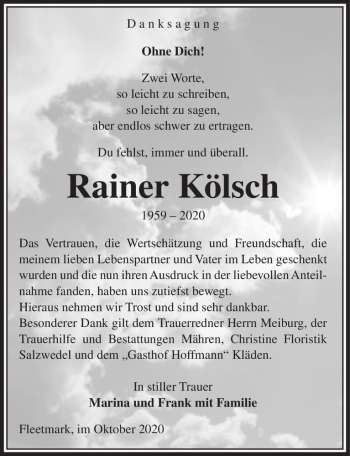 Traueranzeige von Rainer Kölsch  von Magdeburger Volksstimme