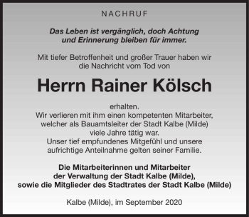 Traueranzeige von Rainer Kölsch  von Magdeburger Volksstimme