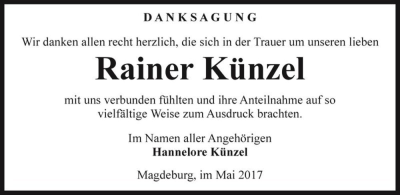  Traueranzeige für Rainer Künzel  vom 27.05.2017 aus Magdeburger Volksstimme