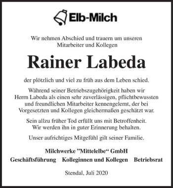 Traueranzeige von Rainer Labeda  von Magdeburger Volksstimme