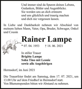 Traueranzeige von Rainer Lampe  von Magdeburger Volksstimme