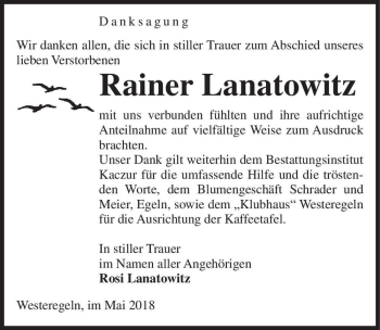 Traueranzeige von Rainer Lanatowitz  von Magdeburger Volksstimme