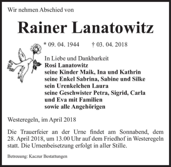 Traueranzeige von Rainer Lanatowitz  von Magdeburger Volksstimme
