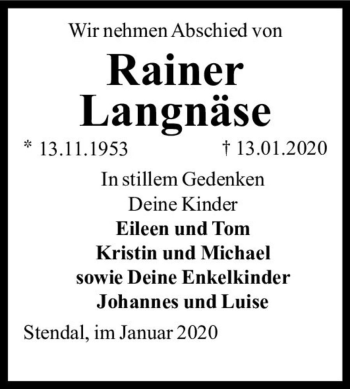 Traueranzeige von Rainer Langnäse  von Magdeburger Volksstimme