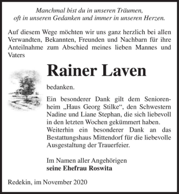 Traueranzeige von Rainer Laven  von Magdeburger Volksstimme