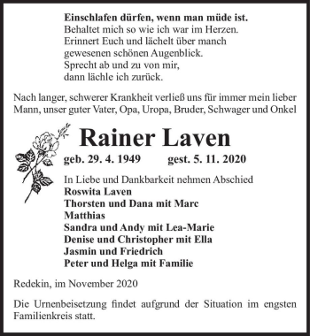 Traueranzeige von Rainer Laven  von Magdeburger Volksstimme