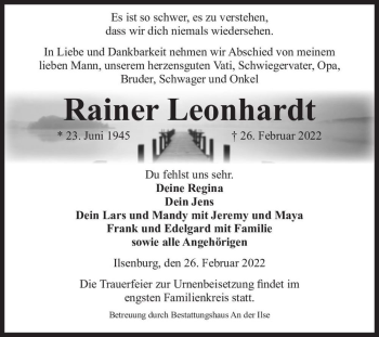 Traueranzeige von Rainer Leonhardt  von Magdeburger Volksstimme
