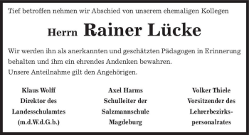 Traueranzeige von Rainer Lücke  von Magdeburger Volksstimme