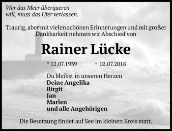 Traueranzeige von Rainer Lücke  von Magdeburger Volksstimme