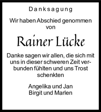 Traueranzeige von Rainer Lücke  von Magdeburger Volksstimme