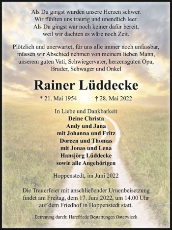 Traueranzeige von Rainer Lüddecke  von Magdeburger Volksstimme