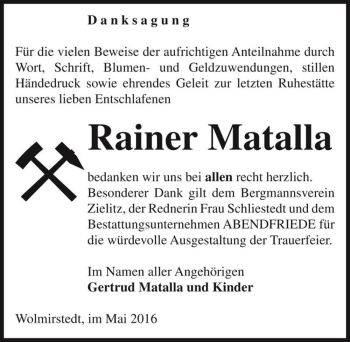 Traueranzeige von Rainer Matalla  von Magdeburger Volksstimme